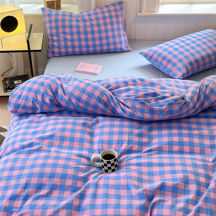 91家纺网 家纺一手货源 找家纺 北欧良品 2024新款A类全棉色织水洗棉单被套 蓝紫中格