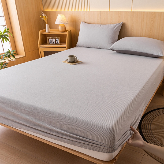 91家纺网 家纺一手货源 找家纺 雅居纺家纺 2024新款全棉色织水洗棉床笠 床笠-细条灰