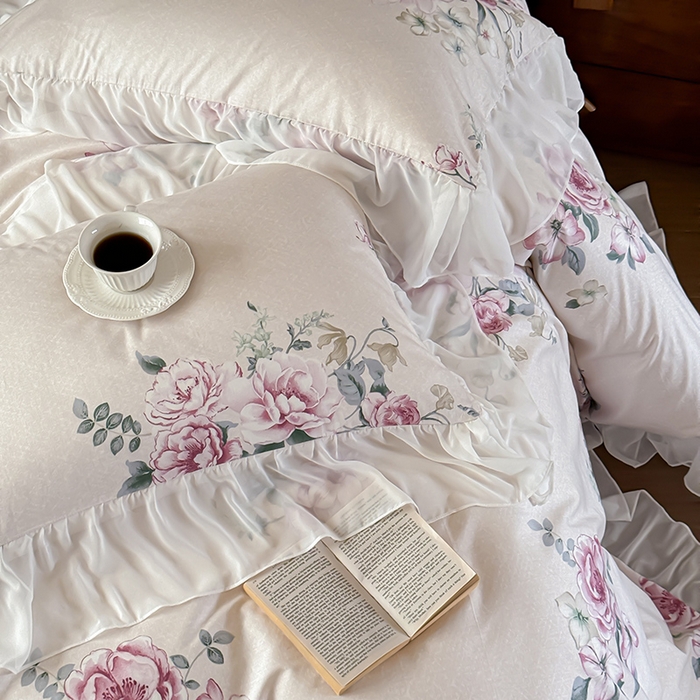 91家纺网 家纺一手货源 找家纺 窝米 2024夏季纯棉法式复古雪纺大花边四件套系列第二批 花云花边款