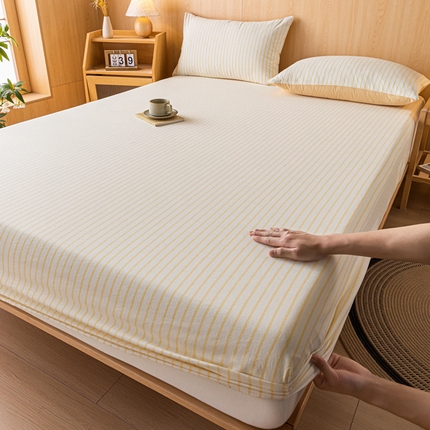 雅居纺家纺 2024新款全棉色织水洗棉床笠 床笠-竖条黄