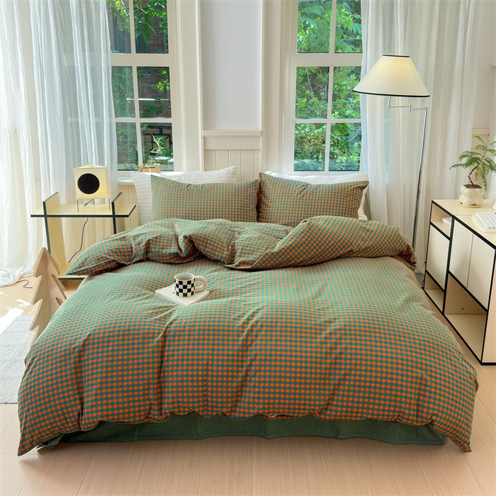 91家纺网 家纺一手货源 找家纺 北欧良品 2024新款A类全棉色织水洗棉单枕套 橙绿小格