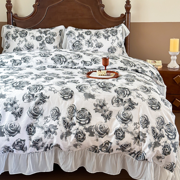 91家纺网 家纺一手货源 找家纺 窝米 2024夏季纯棉法式复古雪纺大花边四件套系列第二批 花期花边款