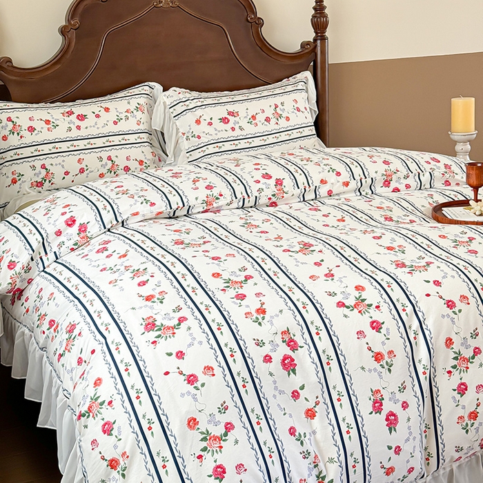 91家纺网 家纺一手货源 找家纺 窝米 2024夏季纯棉法式复古雪纺大花边四件套系列第二批 悦夏花边款