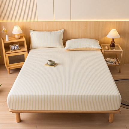 91家纺网 家纺一手货源 找家纺 雅居纺家纺 2024新款全棉色织水洗棉床笠 床笠-竖条黄