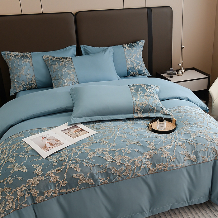 91家纺网 家纺一手货源 找家纺 布可家纺 2025新款轻奢精美浮雕刺绣提花四件套 曼陀罗-星海蓝