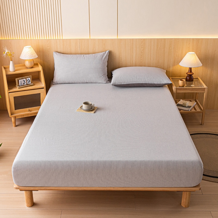 91家纺网 家纺一手货源 找家纺 雅居纺家纺 2024新款全棉色织水洗棉床笠 床笠-细条灰