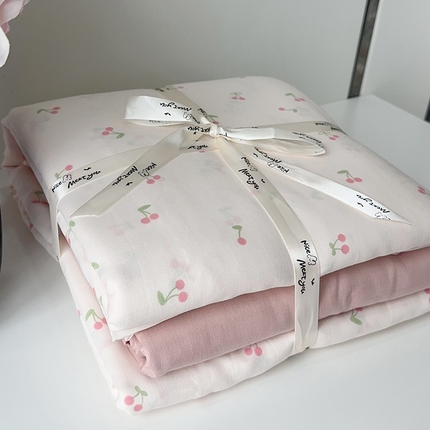 麦伦家居 2024春夏新品全棉有氧双层纱印花系列四件套（叠拍图）樱桃粉