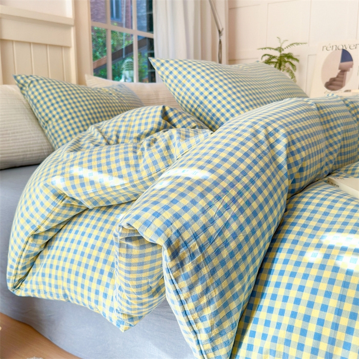 91家纺网 家纺一手货源 找家纺 北欧良品 2024新款A类全棉色织水洗棉单被套 蓝黄小格