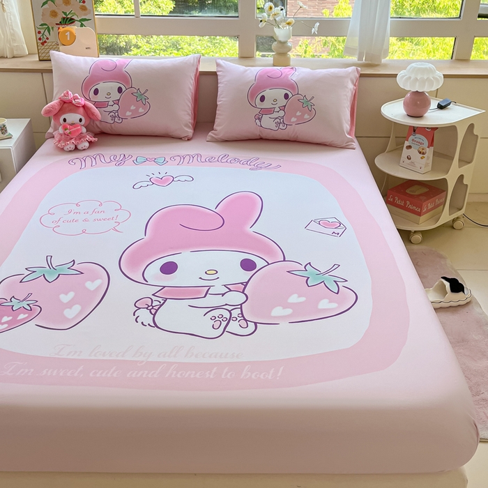 91家纺网 家纺一手货源 找家纺 金爱家 2024新款全棉三丽鸥正版大版单品床笠 贪吃美乐蒂