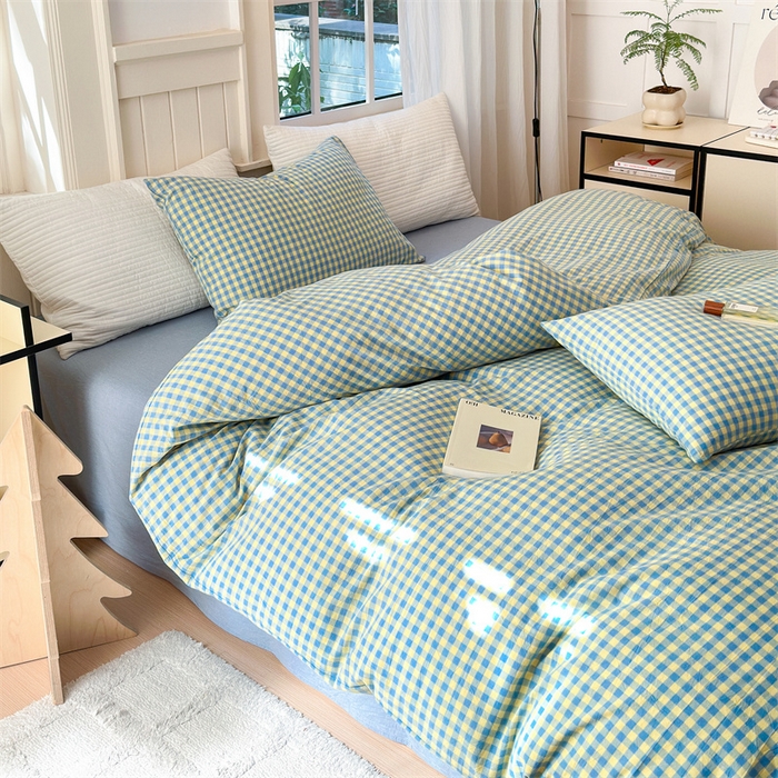 91家纺网 家纺一手货源 找家纺 北欧良品 2024新款A类全棉色织水洗棉单枕套 蓝黄小格