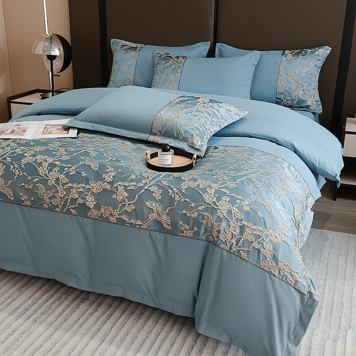 91家纺网 家纺一手货源 找家纺 布可家纺 2025新款轻奢精美浮雕刺绣提花四件套 曼陀罗-星海蓝