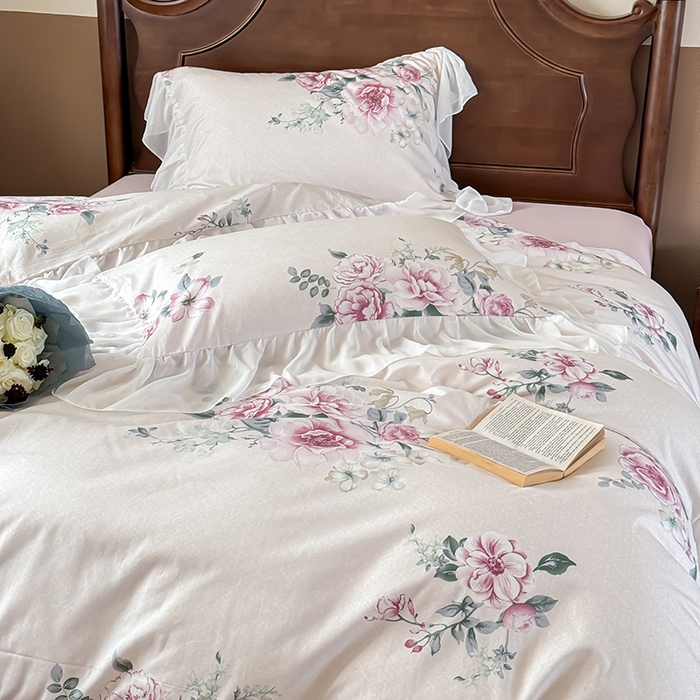 91家纺网 家纺一手货源 找家纺 窝米 2024夏季纯棉法式复古雪纺大花边四件套系列第二批 花云花边款