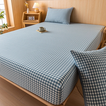 雅居纺家纺 2024新款全棉色织水洗棉床笠 床笠-蓝小格