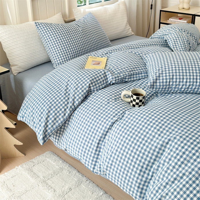 91家纺网 家纺一手货源 找家纺 北欧良品 2024新款A类全棉色织水洗棉单被套 浅蓝小格