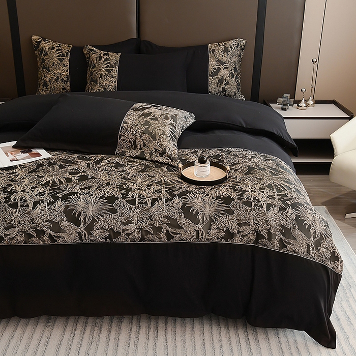 91家纺网 家纺一手货源 找家纺 布可家纺 2025新款轻奢精美浮雕刺绣提花四件套 安露莎-高级黑