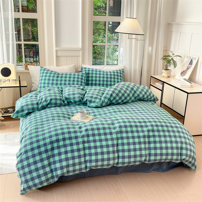 91家纺网 家纺一手货源 找家纺 北欧良品 2024新款A类全棉色织水洗棉单被套 蓝绿中格