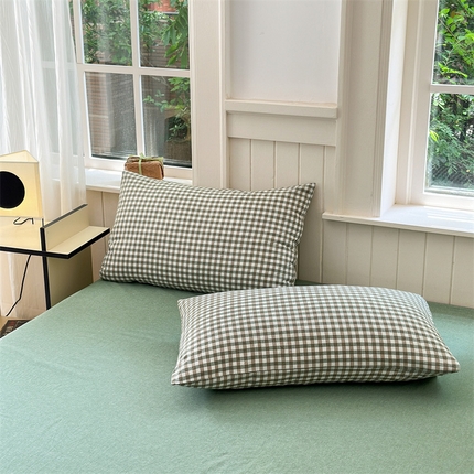 北欧良品 2024新款A类全棉色织水洗棉单枕套 草绿小格