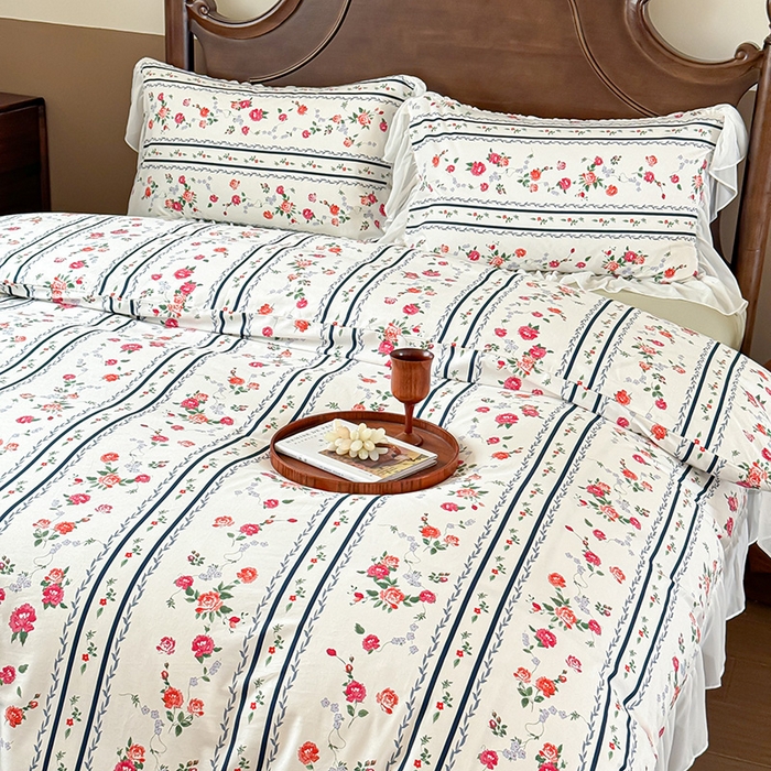 91家纺网 家纺一手货源 找家纺 窝米 2024夏季纯棉法式复古雪纺大花边四件套系列第二批 悦夏花边款