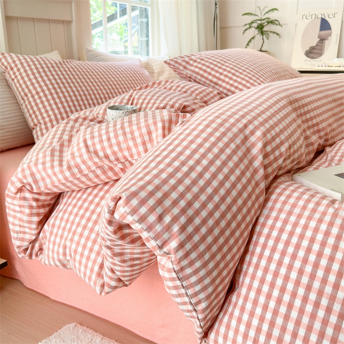 91家纺网 家纺一手货源 找家纺 北欧良品 2024新款A类全棉色织水洗棉单被套 蜜粉小格