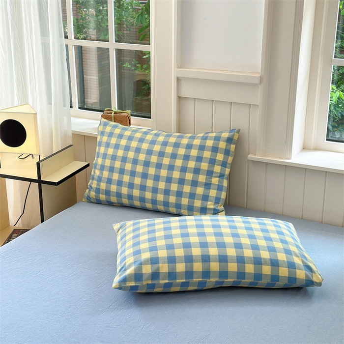 91家纺网 家纺一手货源 找家纺 北欧良品 2024新款A类全棉色织水洗棉单枕套 蓝黄中格