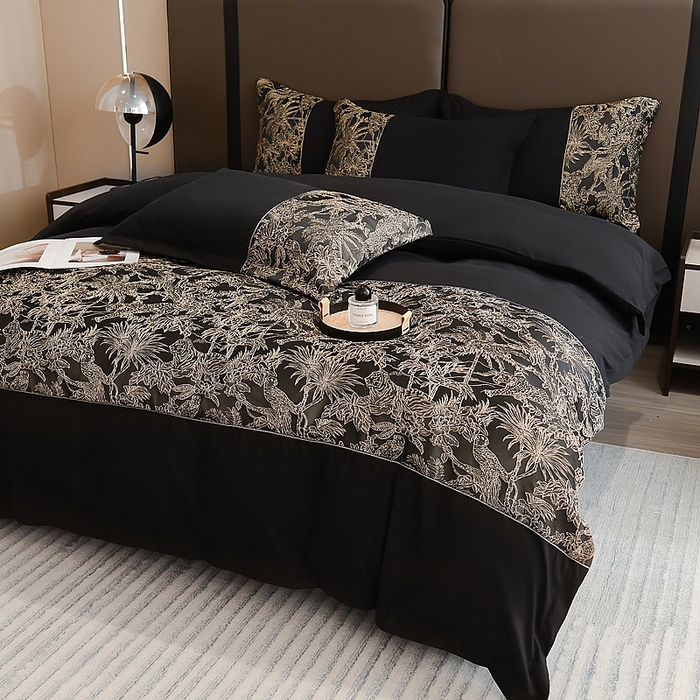 91家纺网 家纺一手货源 找家纺 布可家纺 2025新款轻奢精美浮雕刺绣提花四件套 安露莎-高级黑