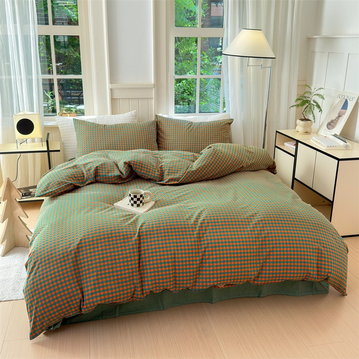 91家纺网 家纺一手货源 找家纺 北欧良品 2024新款A类全棉色织水洗棉单枕套 橙绿小格