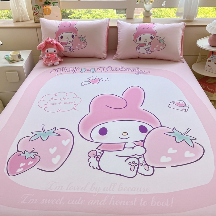 91家纺网 家纺一手货源 找家纺 金爱家 2024新款全棉三丽鸥正版大版单品床笠 贪吃美乐蒂