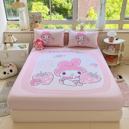 91家纺网 家纺一手货源 找家纺 金爱家 2024新款全棉三丽鸥正版大版单品床笠 贪吃美乐蒂