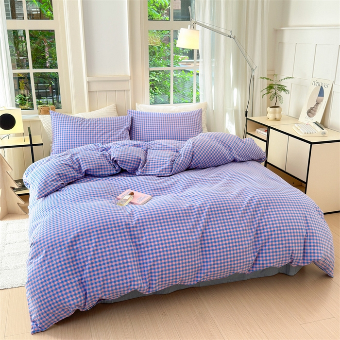 91家纺网 家纺一手货源 找家纺 北欧良品 2024新款A类全棉色织水洗棉单枕套 蓝紫小格