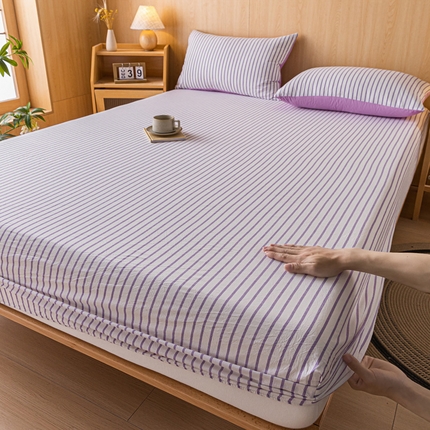雅居纺家纺 2024新款全棉色织水洗棉床笠 床笠-竖条紫
