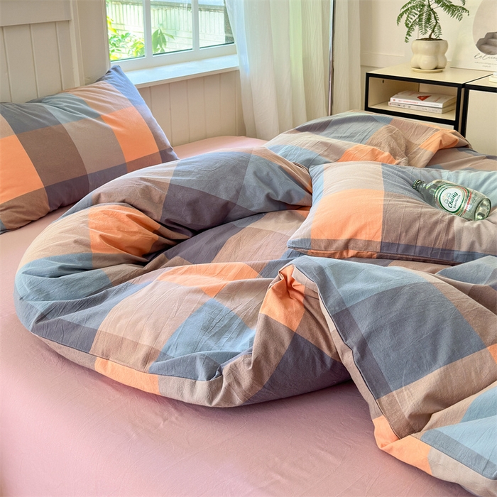 91家纺网 家纺一手货源 找家纺 北欧良品 2024新款A类全棉色织水洗棉单被套 曲奇大格粉