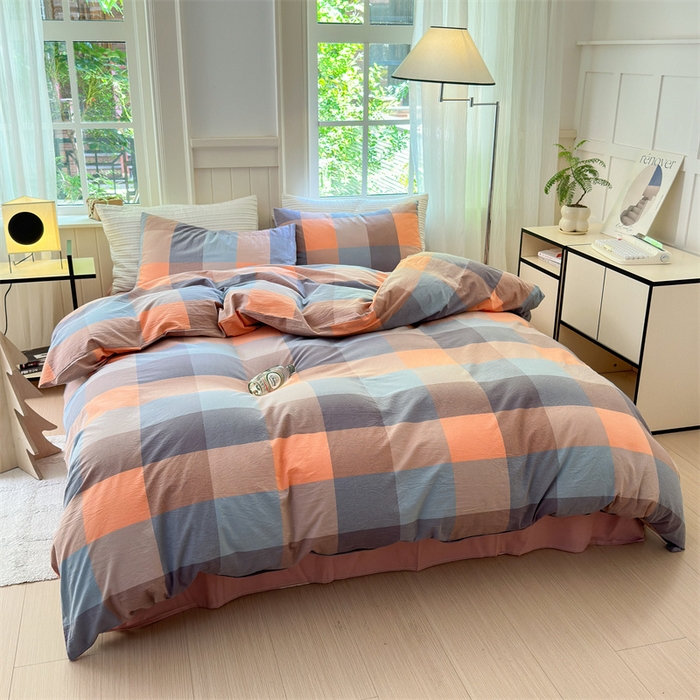 91家纺网 家纺一手货源 找家纺 北欧良品 2024新款A类全棉色织水洗棉单被套 曲奇大格粉