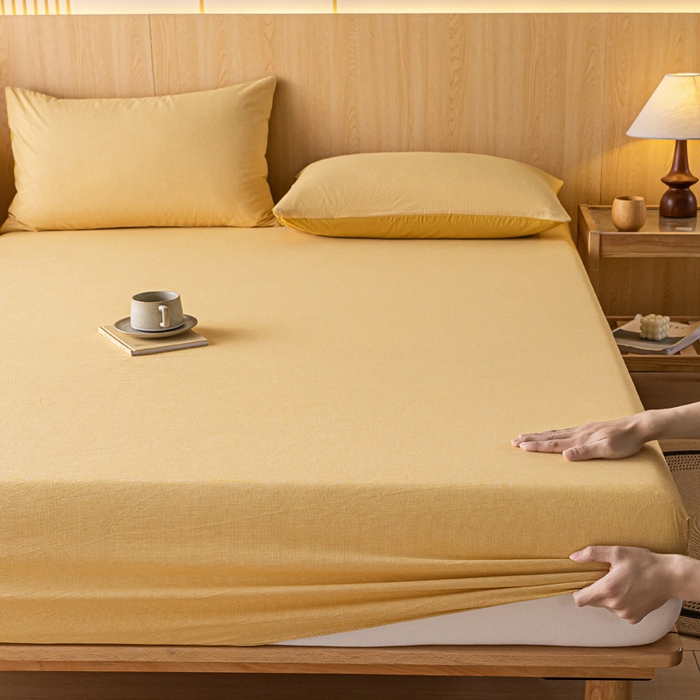 91家纺网 家纺一手货源 找家纺 雅居纺家纺 2024新款全棉色织水洗棉床笠 床笠-千鸟格黄