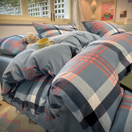 91家纺网 家纺一手货源 找家纺 阿曼达 2024新款ins博主风爆款全工艺印染亲肤舒适纯色水洗m格子四件套（有买家秀） 雾海情书