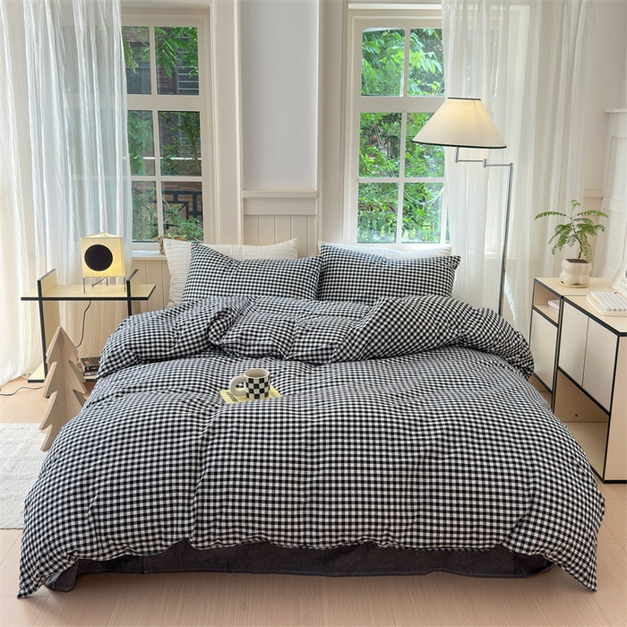 91家纺网 家纺一手货源 找家纺 北欧良品 2024新款A类全棉色织水洗棉单被套 黑白小格