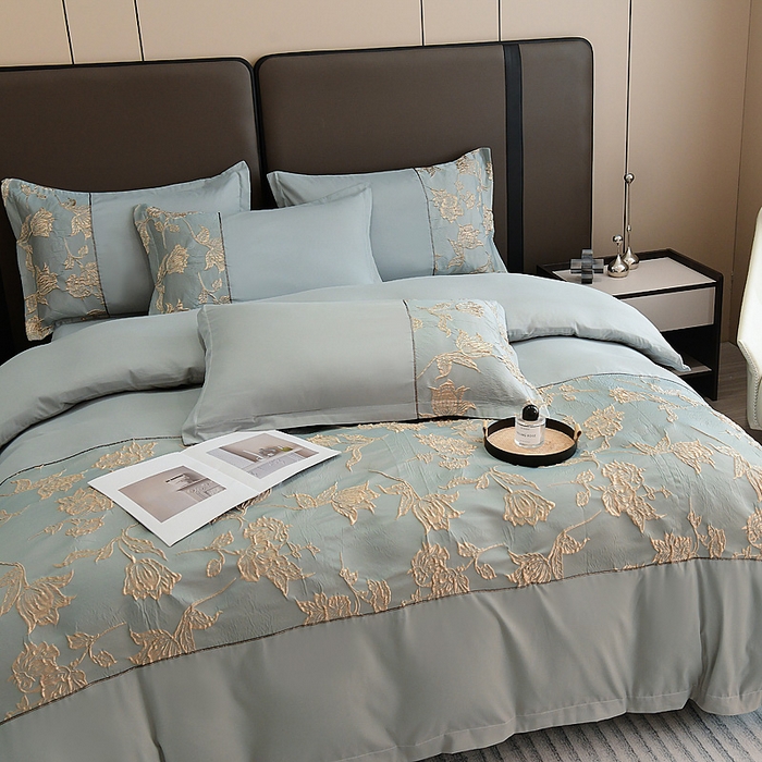 91家纺网 家纺一手货源 找家纺 布可家纺 2025新款轻奢精美浮雕刺绣提花四件套 花叶扶-天水蓝