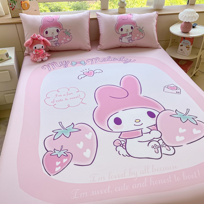 91家纺网 家纺一手货源 找家纺 金爱家 2024新款全棉三丽鸥正版大版单品床笠 贪吃美乐蒂