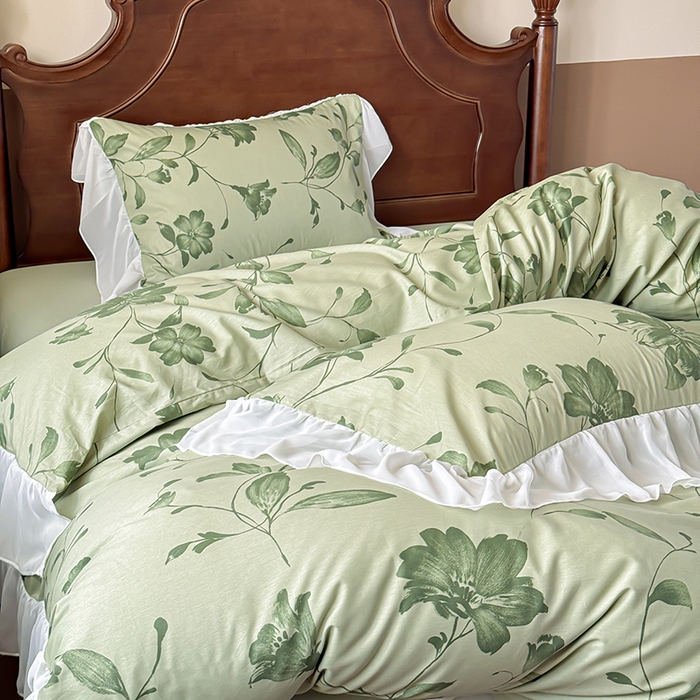 91家纺网 家纺一手货源 找家纺 窝米 2024夏季纯棉法式复古雪纺大花边四件套系列第二批 觅棠花边款