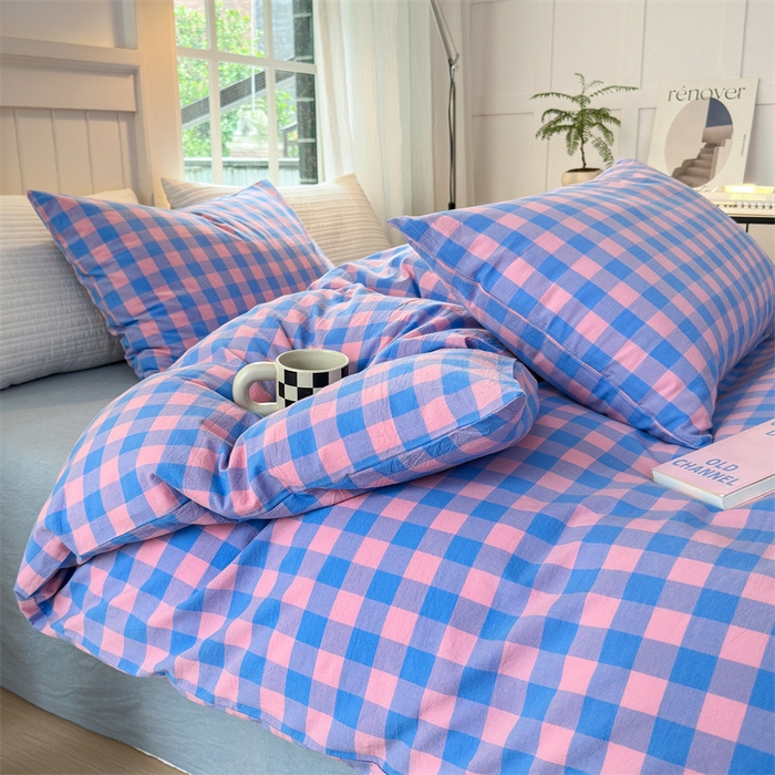 91家纺网 家纺一手货源 找家纺 北欧良品 2024新款A类全棉色织水洗棉单被套 蓝紫中格