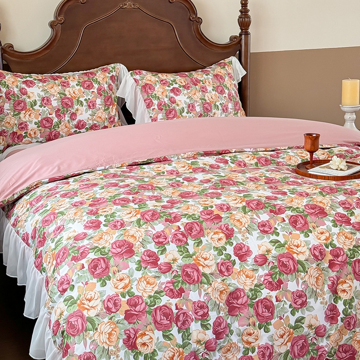 91家纺网 家纺一手货源 找家纺 窝米 2024夏季纯棉法式复古雪纺大花边四件套系列第二批 小玫瑰花边款