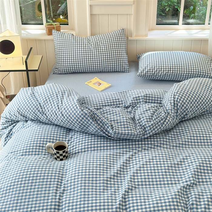 91家纺网 家纺一手货源 找家纺 北欧良品 2024新款A类全棉色织水洗棉单被套 浅蓝小格