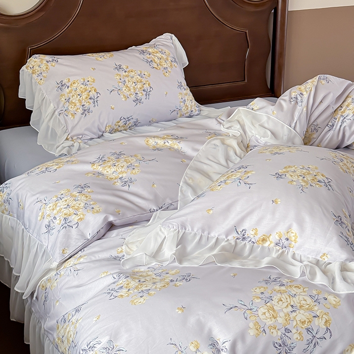 91家纺网 家纺一手货源 找家纺 窝米 2024夏季纯棉法式复古雪纺大花边四件套系列第二批 山椿花边款