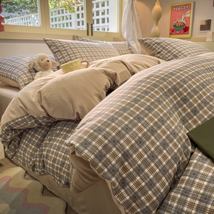 91家纺网 家纺一手货源 找家纺 （总）阿曼达 2024新款ins博主风爆款全工艺印染亲肤舒适纯色水洗m格子四件套（有买家秀）