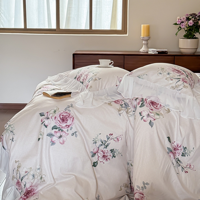 91家纺网 家纺一手货源 找家纺 窝米 2024夏季纯棉法式复古雪纺大花边四件套系列第二批 花云花边款