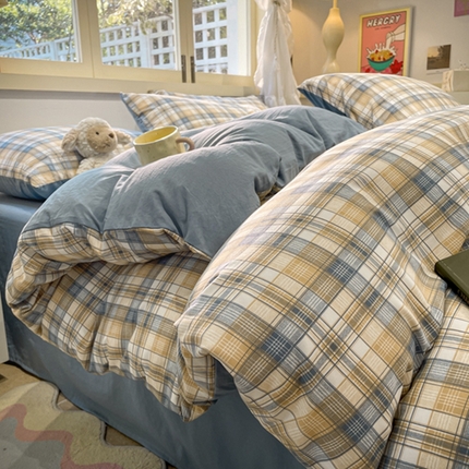 91家纺网 家纺一手货源 找家纺 （总）阿曼达 2024新款ins博主风爆款全工艺印染亲肤舒适纯色水洗m格子四件套（有买家秀）