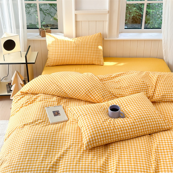 91家纺网 家纺一手货源 找家纺 北欧良品 2024新款A类全棉色织水洗棉单枕套 姜黄小格