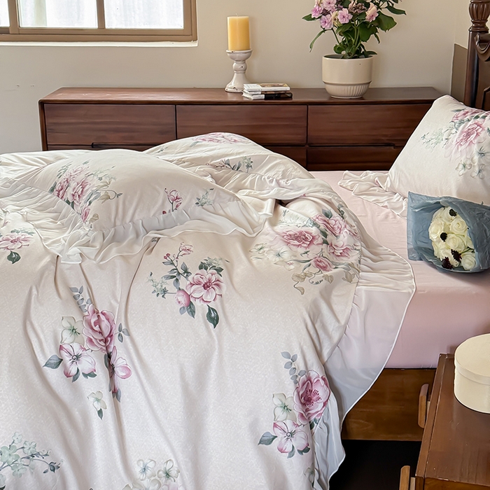 91家纺网 家纺一手货源 找家纺 窝米 2024夏季纯棉法式复古雪纺大花边四件套系列第二批 花云花边款