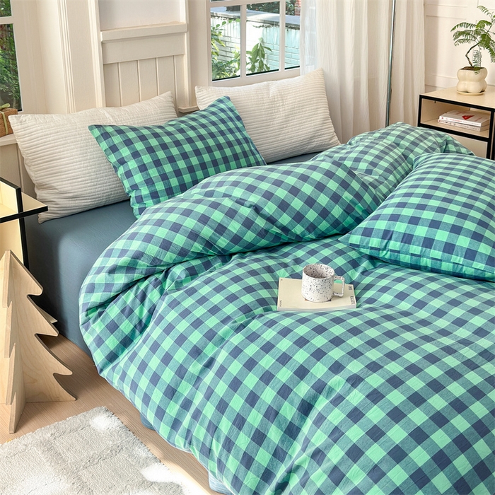 91家纺网 家纺一手货源 找家纺 北欧良品 2024新款A类全棉色织水洗棉单被套 蓝绿中格