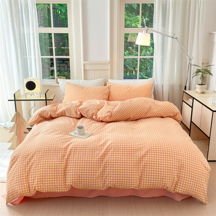 91家纺网 家纺一手货源 找家纺 北欧良品 2024新款A类全棉色织水洗棉单枕套 粉黄小格