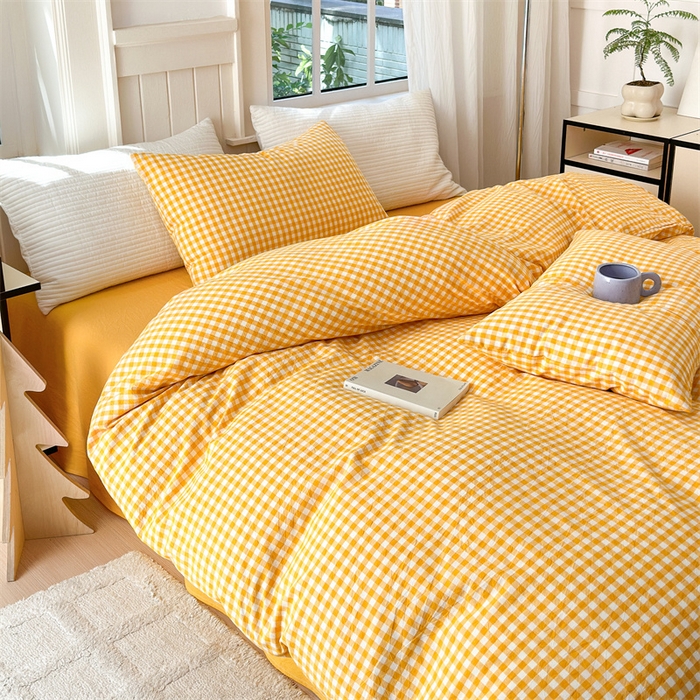 91家纺网 家纺一手货源 找家纺 北欧良品 2024新款A类全棉色织水洗棉单枕套 姜黄小格